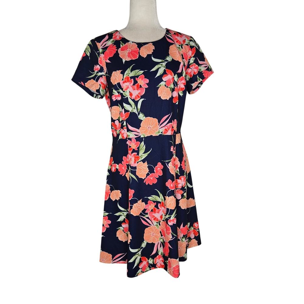 Vince Camuto EUC floral fit & flare mini dress short sleeves 12 navy blue coral